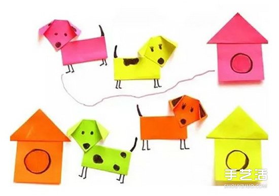 简单幼儿折纸狗狗和狗窝的方法 材料是便签纸