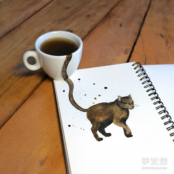 咖啡猫插画：闻到浓浓咖啡香气就清醒了一半