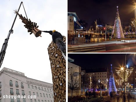 布达佩斯由1万5千公斤原木料堆砌的圣诞树