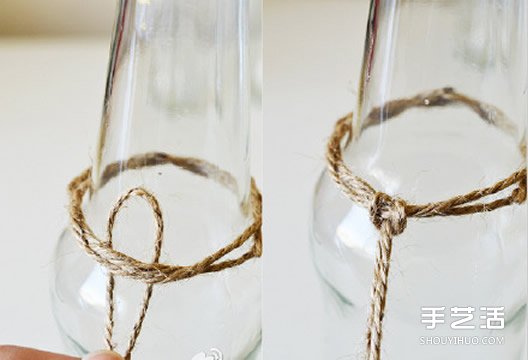 利用麻绳和玻璃瓶手工DIY制作垂吊花瓶的方法