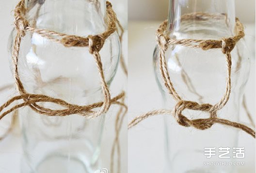 利用麻绳和玻璃瓶手工DIY制作垂吊花瓶的方法