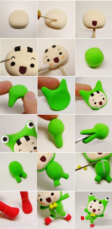 穿青蛙装的小男孩粘土人偶手工制作方法步骤