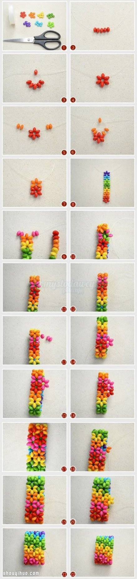 彩虹般美丽的宽版串珠手镯编织DIY图解教程