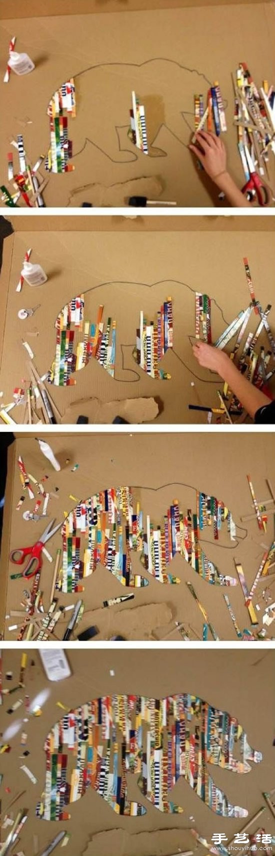 废旧硬纸板和杂志DIY创意拼贴画的教程