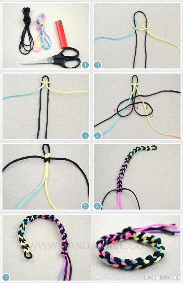 两股绳变色彩虹手链的编法图解教程