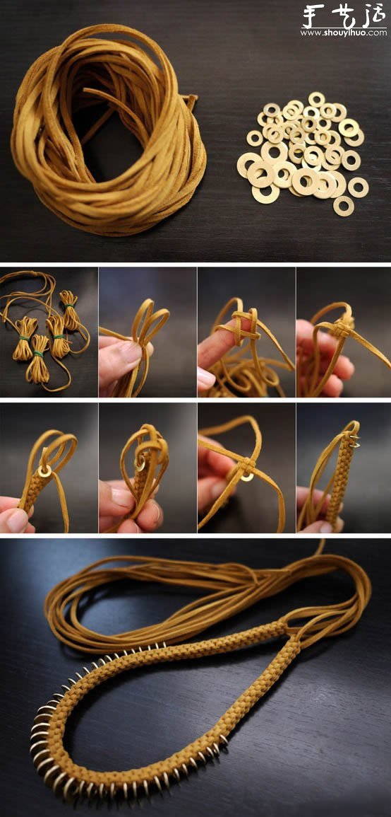 时尚大气皮革金属片项链的手工DIY教程