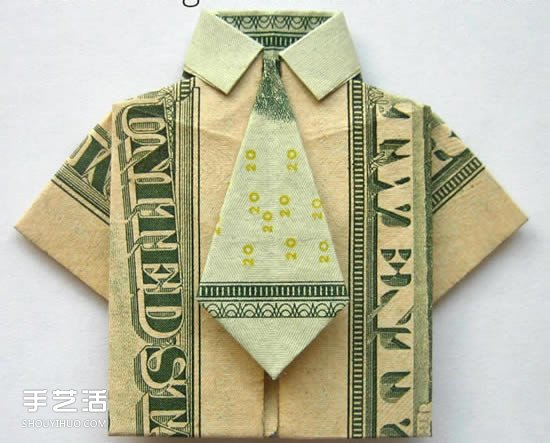 美元折纸短袖T恤的图解教程 自带可爱小领带