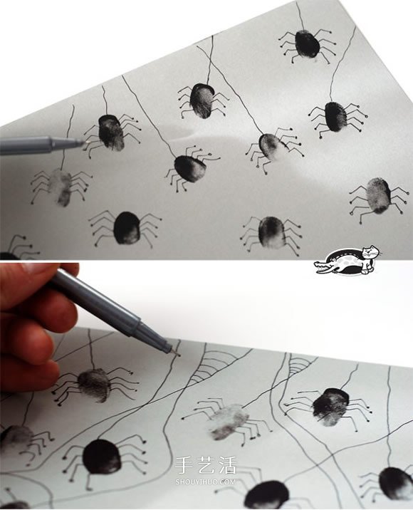 手指画蜘蛛的方法 DIY制作万圣节风格书皮