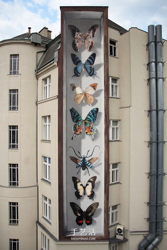 巨型墙壁涂鸦 整幢公寓墙壁都变成了蝴蝶标本