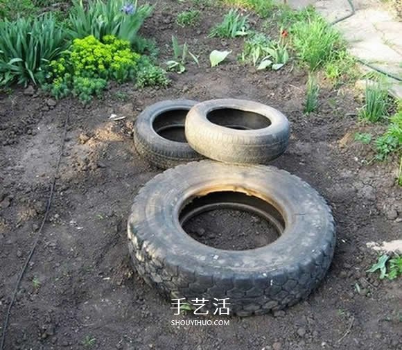 轮胎废物利用DIY池子 用废旧轮胎制作池塘