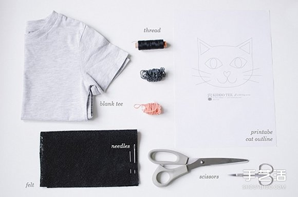 儿童T恤改造DIY 用不织布制作可爱猫咪图案