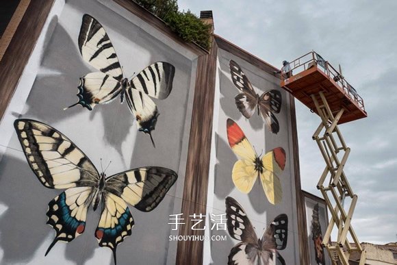 巨型墙壁涂鸦 整幢公寓墙壁都变成了蝴蝶标本