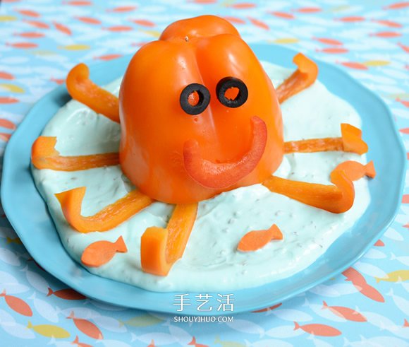 用甜椒做章鱼的方法 自制卡通蔬菜摆盘做法