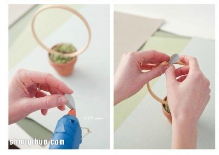 利用绣绷和卡纸 DIY环形装饰盆栽的方法